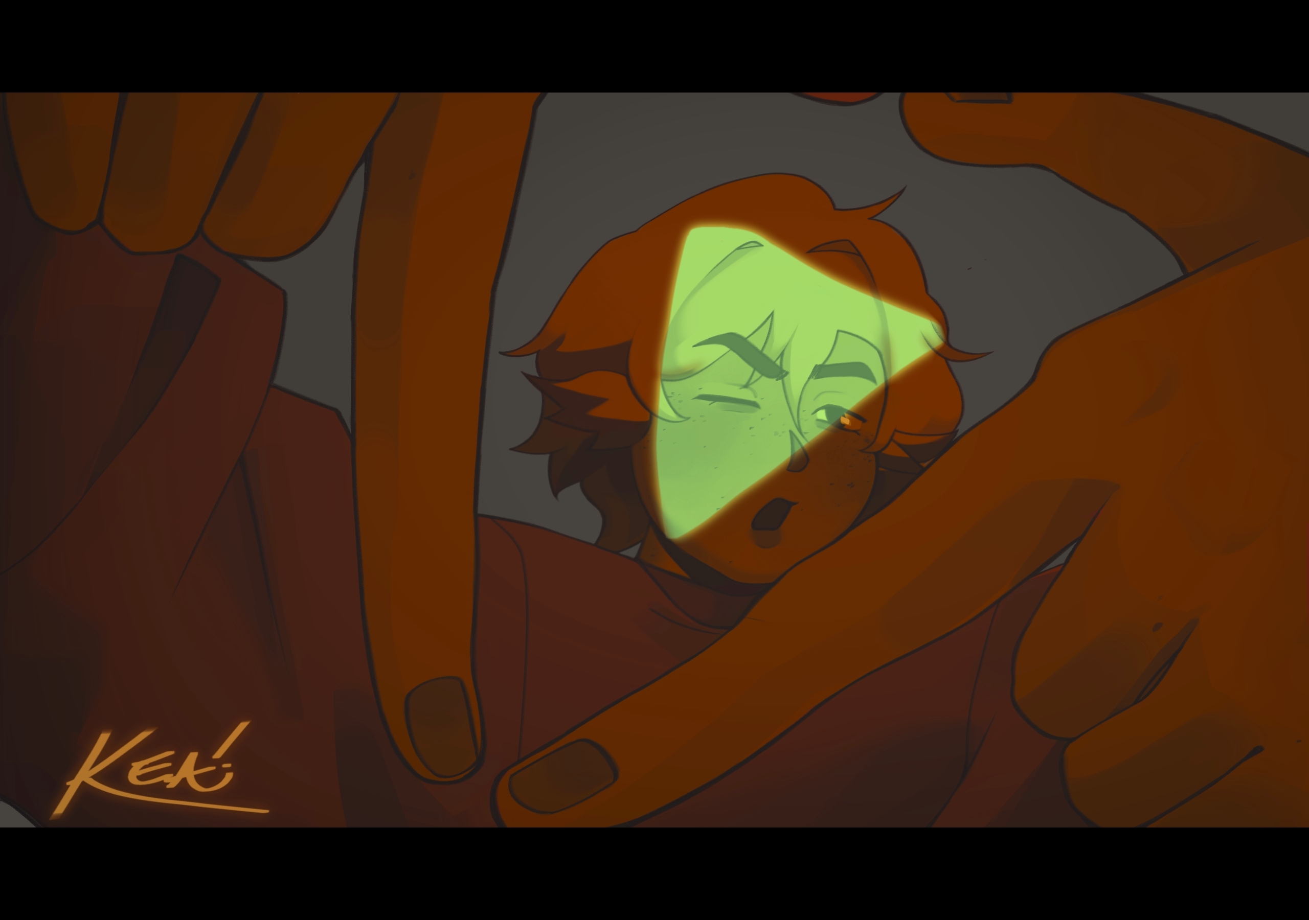Digital art of Vee inspired by a scene from Dandadan. Human Vee is making a triangle with her fingers and winking at the viewer through the triangle. Her face is lit by a green triangular light.